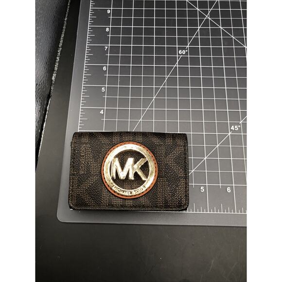 Michael Kors MK Logo Leather Card Case Wallet Brown With MK Pattern 2 Slots - Picture 8 of 9